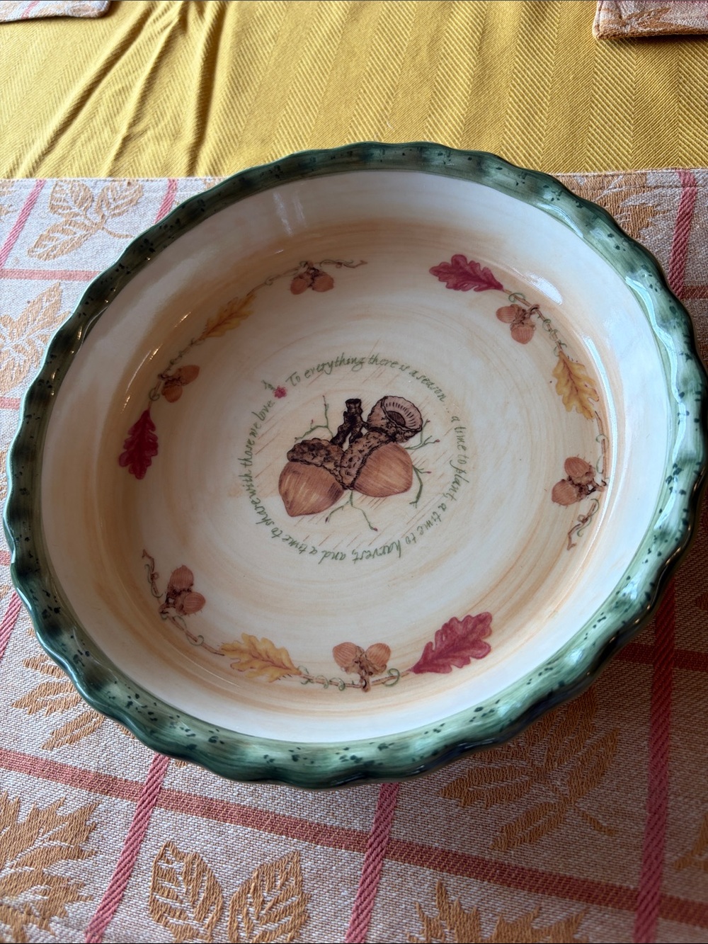 Russ Berrie Ceramic Serving Bowl with Green Rim and Autumn Motif